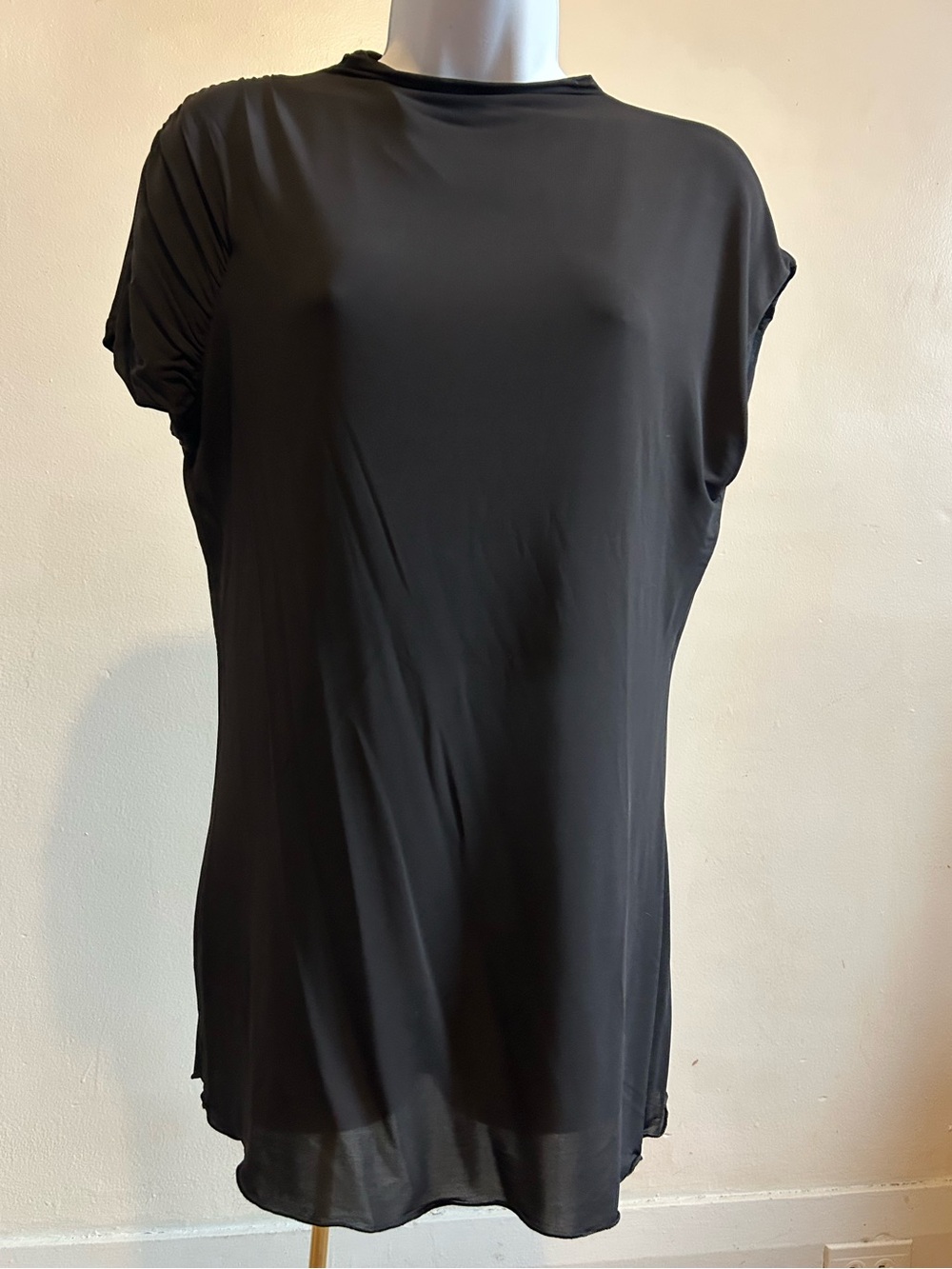 Sarah Pacini Black Ruched Mesh Mock Neck Lined Top Large